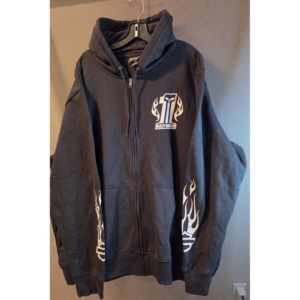 Harley-Davidson Men's 2XL Black Full Zip Hoodie Willie G Skull Flames Sleeve...